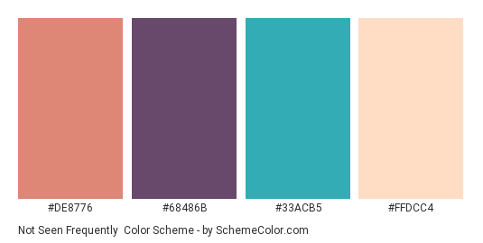 Not Seen Frequently - Color scheme palette thumbnail - #DE8776 #68486B #33ACB5 #FFDCC4 