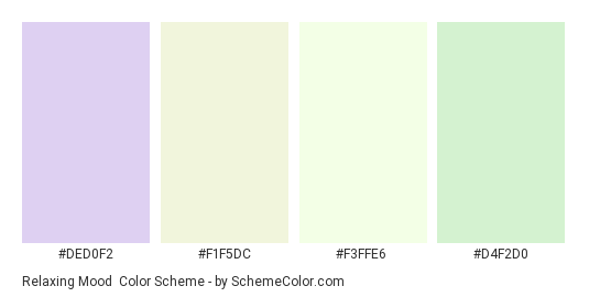 Relaxing Mood - Color scheme palette thumbnail - #DED0F2 #F1F5DC #F3FFE6 #D4F2D0 