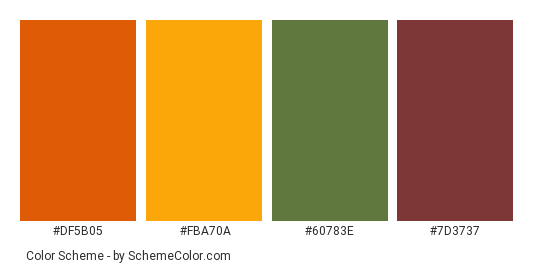 Pumpkin & Vegetables - Color scheme palette thumbnail - #DF5B05 #FBA70A #60783E #7D3737 