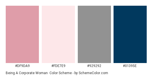 Being a Corporate Woman - Color scheme palette thumbnail - #DF9DA9 #FDE7E9 #929292 #01395E 