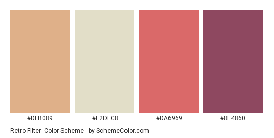 Retro Filter - Color scheme palette thumbnail - #DFB089 #E2DEC8 #DA6969 #8E4860 