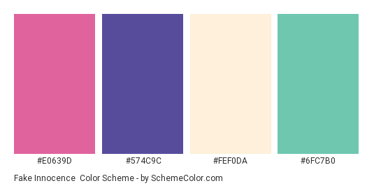 Fake Innocence - Color scheme palette thumbnail - #E0639D #574C9C #FEF0DA #6FC7B0 