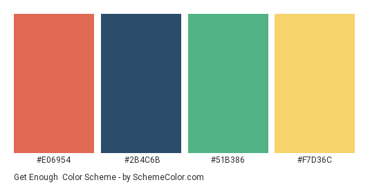 Get Enough - Color scheme palette thumbnail - #E06954 #2B4C6B #51B386 #F7D36C 