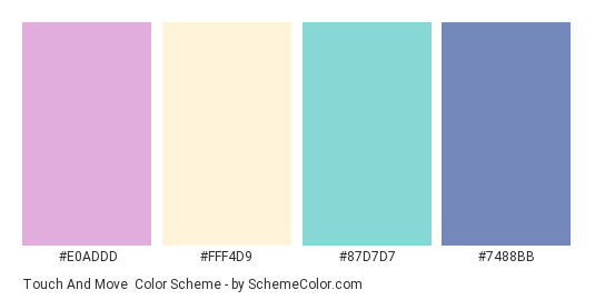 Touch and Move - Color scheme palette thumbnail - #E0ADDD #FFF4D9 #87D7D7 #7488BB 