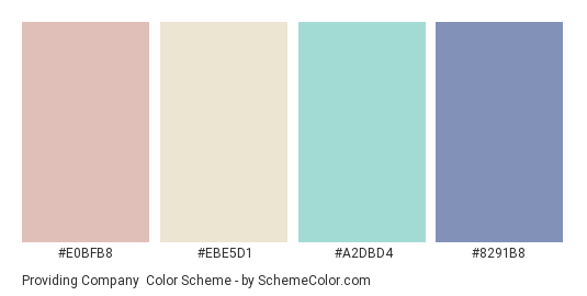 Providing Company - Color scheme palette thumbnail - #E0BFB8 #EBE5D1 #A2DBD4 #8291B8 