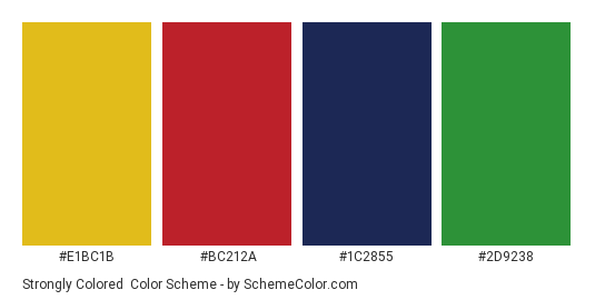 Strongly Colored - Color scheme palette thumbnail - #E1BC1B #BC212A #1C2855 #2D9238 