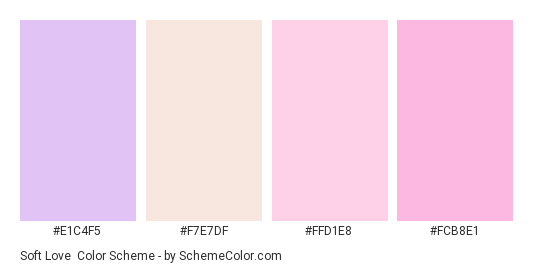 Soft Love - Color scheme palette thumbnail - #E1C4F5 #F7E7DF #FFD1E8 #FCB8E1 