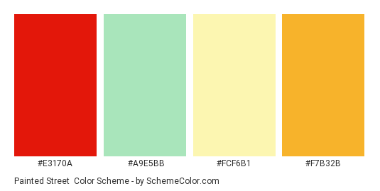 Painted Street - Color scheme palette thumbnail - #E3170A #A9E5BB #FCF6B1 #F7B32B 