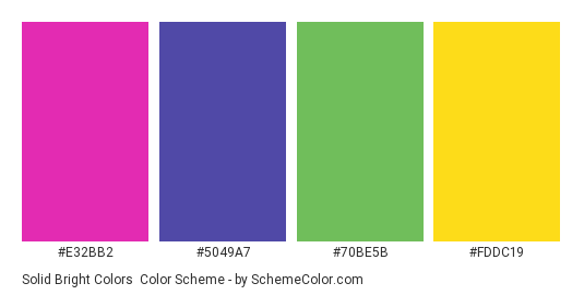 Solid Bright Colors - Color scheme palette thumbnail - #E32BB2 #5049A7 #70BE5B #FDDC19 