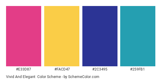 Vivid and Elegant - Color scheme palette thumbnail - #E33D87 #FACD47 #2C3495 #259FB1 