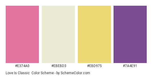 Love is Classic - Color scheme palette thumbnail - #E374A0 #EBEBD3 #EBD975 #7A4E91 