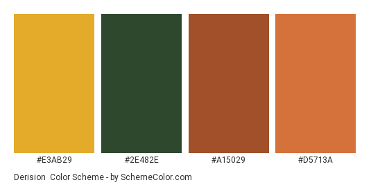 Derision - Color scheme palette thumbnail - #E3AB29 #2E482E #A15029 #D5713A 