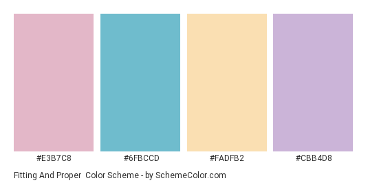 Fitting and Proper - Color scheme palette thumbnail - #E3B7C8 #6FBCCD #FADFB2 #CBB4D8 