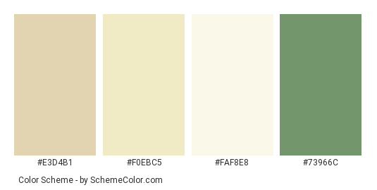 White Rose - Color scheme palette thumbnail - #E3D4B1 #F0EBC5 #FAF8E8 #73966C 