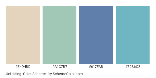 Unfolding - Color scheme palette thumbnail - #E4D4BD #A1C7B7 #617FAB #70B6C2 