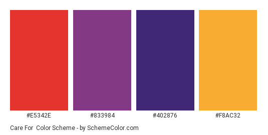 Care for - Color scheme palette thumbnail - #E5342E #833984 #402876 #F8AC32 