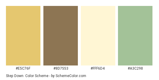 Step Down - Color scheme palette thumbnail - #E5C76F #8D7553 #FFF6D4 #A3C298 