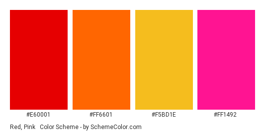 Red, Pink & Orange - Color scheme palette thumbnail - #E60001 #FF6601 #F5BD1E #FF1492 