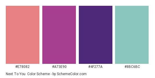 Next to You - Color scheme palette thumbnail - #E78082 #A73E90 #4F277A #8BC6BC 