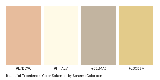 Beautiful Experience - Color scheme palette thumbnail - #E7BC9C #FFFAE7 #C2B4A0 #E3CB8A 