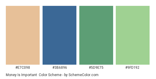 Money is Important - Color scheme palette thumbnail - #E7C098 #3B6896 #5D9E75 #9FD192 