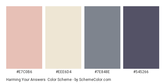 Harming Your Answers - Color scheme palette thumbnail - #E7C0B6 #EEE6D4 #7E848E #545266 
