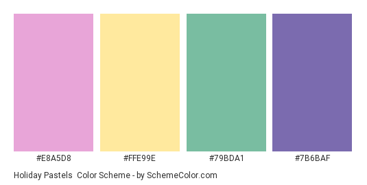 Holiday Pastels - Color scheme palette thumbnail - #E8A5D8 #FFE99E #79BDA1 #7B6BAF 