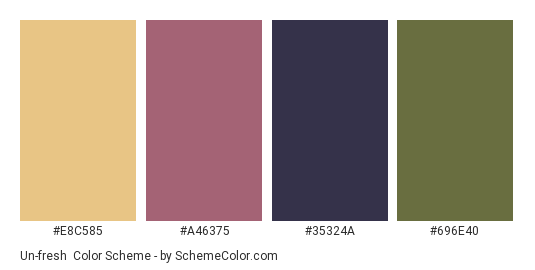 Un-fresh - Color scheme palette thumbnail - #E8C585 #A46375 #35324A #696E40 