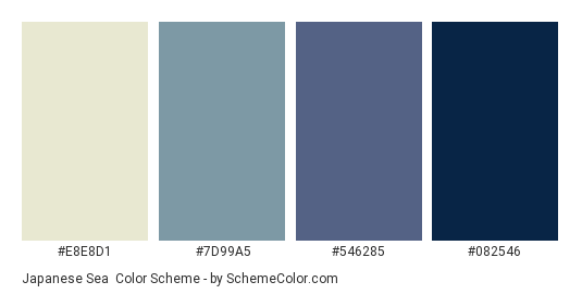 Japanese Sea - Color scheme palette thumbnail - #E8E8D1 #7D99A5 #546285 #082546 
