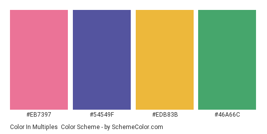 Color in Multiples - Color scheme palette thumbnail - #EB7397 #54549F #EDB83B #46A66C 
