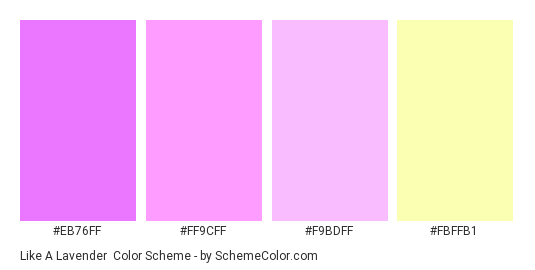 Like a Lavender - Color scheme palette thumbnail - #EB76FF #FF9CFF #F9BDFF #FBFFB1 