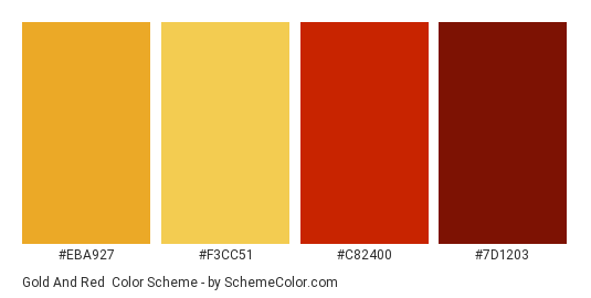Gold and Red - Color scheme palette thumbnail - #EBA927 #F3CC51 #C82400 #7D1203 