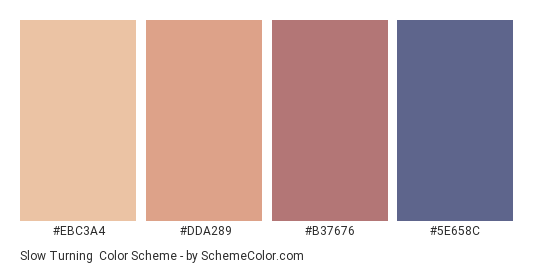 Slow Turning - Color scheme palette thumbnail - #EBC3A4 #DDA289 #B37676 #5E658C 