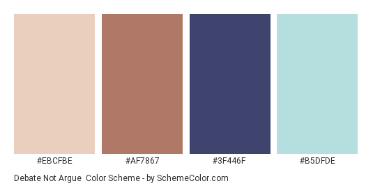 Debate Not Argue - Color scheme palette thumbnail - #EBCFBE #AF7867 #3F446F #B5DFDE 