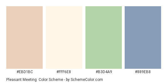 Pleasant Meeting - Color scheme palette thumbnail - #EBD1BC #FFF6E8 #B3D4A9 #889EB8 