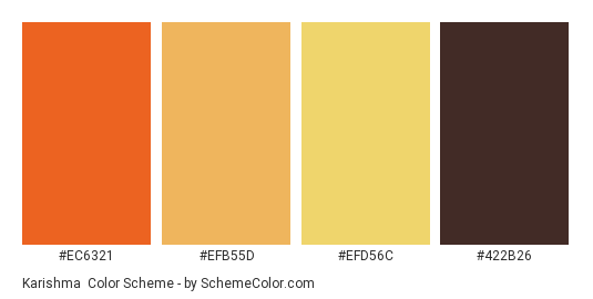 Karishma - Color scheme palette thumbnail - #EC6321 #EFB55D #EFD56C #422B26 