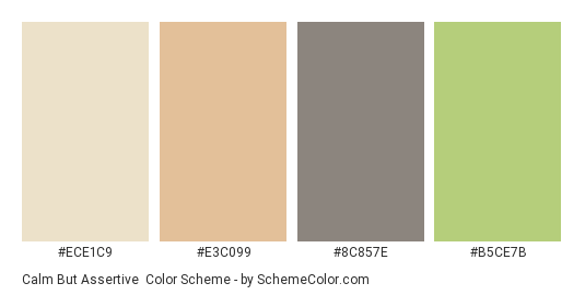 Calm But Assertive - Color scheme palette thumbnail - #ECE1C9 #E3C099 #8C857E #B5CE7B 