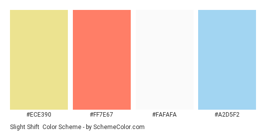 Slight Shift - Color scheme palette thumbnail - #ECE390 #FF7E67 #FAFAFA #A2D5F2 