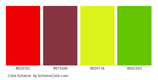 Autumn Around Us - Color scheme palette thumbnail - #ED0102 #873440 #DDF11A #66C503 