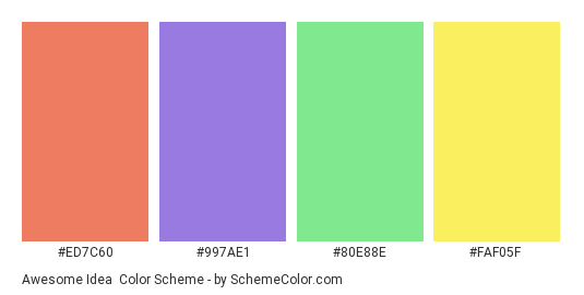 Awesome Idea - Color scheme palette thumbnail - #ED7C60 #997AE1 #80E88E #FAF05F 