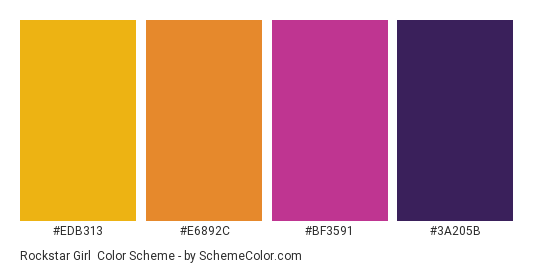 Rockstar Girl - Color scheme palette thumbnail - #EDB313 #E6892C #BF3591 #3A205B 