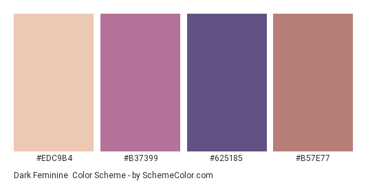 Dark Feminine - Color scheme palette thumbnail - #EDC9B4 #B37399 #625185 #B57E77 