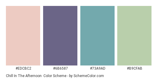 Chill in the Afternoon - Color scheme palette thumbnail - #EDCBC2 #6B6587 #73A9AD #B9CFAB 