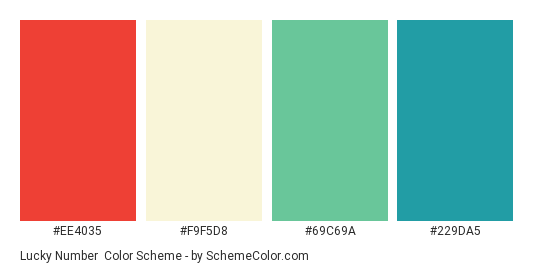 Lucky Number - Color scheme palette thumbnail - #EE4035 #F9F5D8 #69C69A #229DA5 