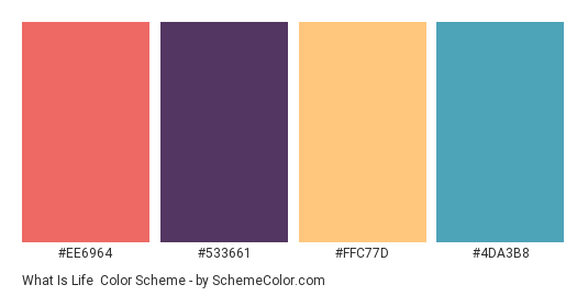 What is Life - Color scheme palette thumbnail - #EE6964 #533661 #FFC77D #4DA3B8 