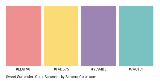 Sweet Surrender - Color scheme palette thumbnail - #EE8F90 #FADB75 #9C84B3 #7AC1C1 