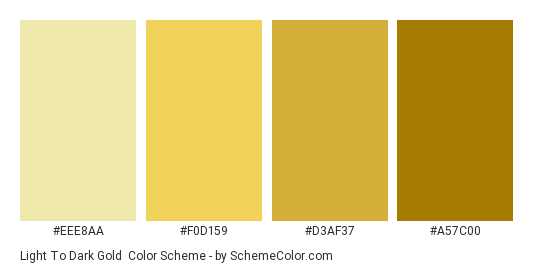 Light to Dark Gold - Color scheme palette thumbnail - #EEE8AA #F0D159 #D3AF37 #A57C00 