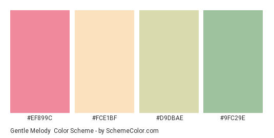 Gentle Melody - Color scheme palette thumbnail - #EF899C #FCE1BF #D9DBAE #9FC29E 