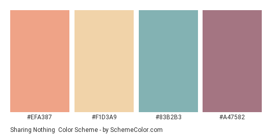 Sharing Nothing - Color scheme palette thumbnail - #EFA387 #F1D3A9 #83B2B3 #A47582 