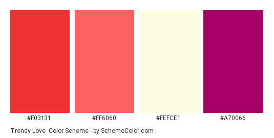 Trendy Love - Color scheme palette thumbnail - #F03131 #FF6060 #FEFCE1 #A70066 
